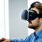**

A VR user wearing a VR headset in a brightly lit research lab. Wires connect the headset to various sensors monitoring brainwave activity (EEG) and heart rate. A computer screen displays graphs and data visualizations. Focus on the user's face showing concentration, but not strain. fully clothed, appropriate attire, safe for work, perfect anatomy, natural proportions, professional, well-lit, family-friendly.

**