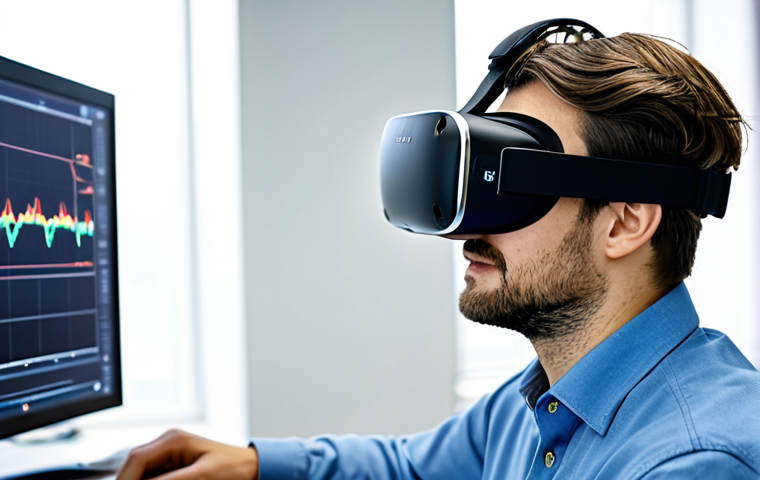 **

A VR user wearing a VR headset in a brightly lit research lab. Wires connect the headset to various sensors monitoring brainwave activity (EEG) and heart rate. A computer screen displays graphs and data visualizations. Focus on the user's face showing concentration, but not strain. fully clothed, appropriate attire, safe for work, perfect anatomy, natural proportions, professional, well-lit, family-friendly.

**